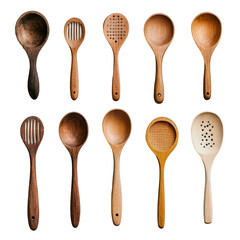 Aesthetic collage of isolated wooden cooking spoon utensils set showcasing various designs and styles for culinary use, Isolated wooden cooking spoon utensils set collage