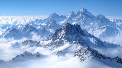 Obraz premium Aerial view of snow-capped mountains above clouds
