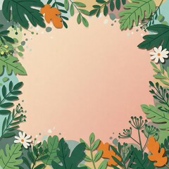 Vibrant Botanical Illustration with Green Leaves and Floral Border for Nature-Themed Designs or Invitations Text Space