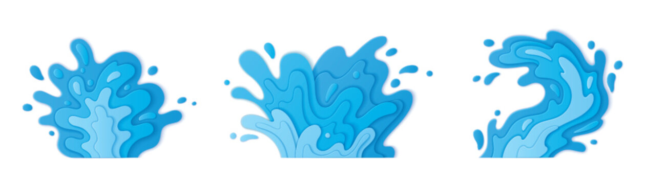 Blue 3d water splash paper cut design with layered waves, flowing curves, and dynamic droplets. Aquatic motion effect from stacked sheets. Clean modern graphic for summer promotions, beverage package.
