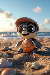 Obraz premium Cute baby turtle wearing glasses and hat enjoying the beach at sunset
