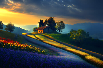 Fototapeta premium Sunrise over blooming hills, rustic house