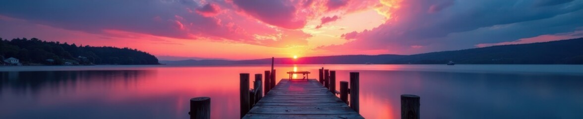 Fototapeta premium Mystical dawn, vibrant hues paint sky above still lake & weathered jetty , wooden, sunrise, light