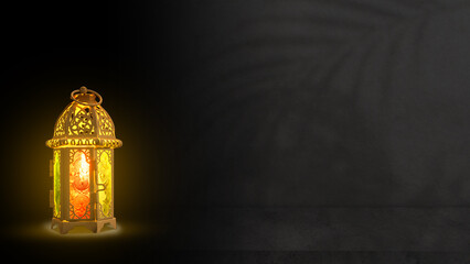 Traditional glowing Arabic lantern on black background. Copy space. Concept of Religion, Spiritual or Ramadan