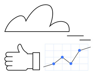 Cloud outline, thumbs-up gesture, upward trend graph with blue dots. Ideal for business growth, cloud computing, data analysis, technology, positive feedback, digital innovation abstract line flat