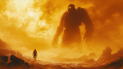 Lonely traveler navigates an alien landscape filled with towering shadowy figures and an air of lurking danger