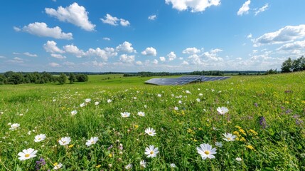 Sunny meadow with solar panels