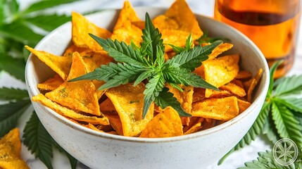 Freshly Baked Cannabis-Infused Potato Chips Garnished with Crisp Herbs in a Serving Bowl