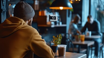 Thief alert in a coffee shop with employees noticing unusual behavior. Featuring immediate response and café protection