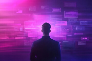 Webmaster overseeing digital interface with vibrant updates and technology enhancement