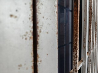 A close-up view of rusted metal window bars showcases the effects of time and weathering. The texture of corrosion contrasts with the smooth glass panes in the background. Horizontal view.