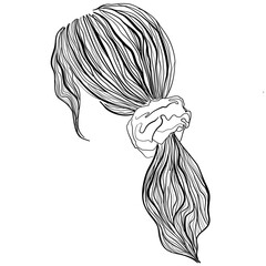 Black and white vector line art drawing of female hairstyle: long wavy ponytail with a scrunchie 