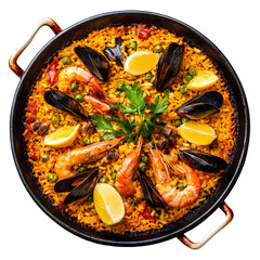 Seafood paella in a dark pan with shrimp, mussels, rice, parsley and lemon, top-down food photography.