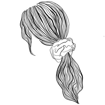 Black and white vector line art drawing of female hairstyle: long wavy ponytail with a scrunchie 