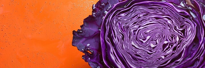 Obraz premium Deep purple cabbage with a swirling pattern inside on a neon orange backdrop