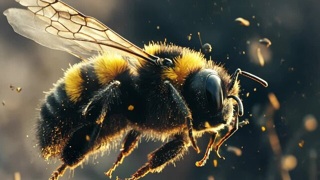 Detailed slow motion of a bumblebee flying amidst natural particles in the air, Bumble bee slow motion flying details bumblebee