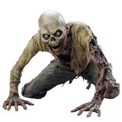 Crawling zombie in tattered clothing on a transparent background showcasing eerie details and haunting features, Crawling Zombie on transparent background
