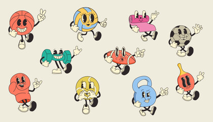 Set of retro cartoon style sports equipment.  Playful, colorful, and funky, perfect for vintage sports and fun athletic themes