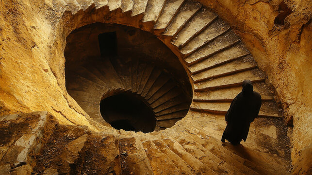 Person stands at the edge of an ancient staircase descending into darkness, evoking a sense of fear and mystery about what lies below