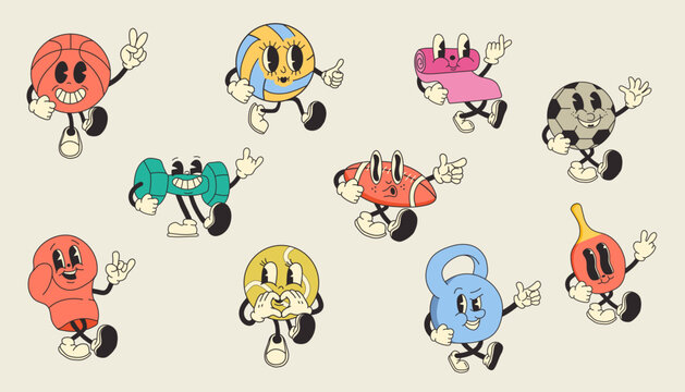 Set of retro cartoon style sports equipment.  Playful, colorful, and funky, perfect for vintage sports and fun athletic themes