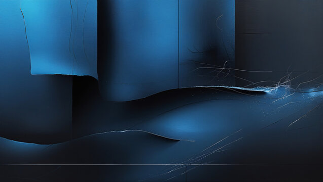 A visually captivating abstract composition featuring a deep blue color palette with curved and broken lines creating a sense of dynamic movement