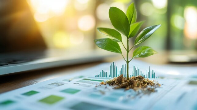 A young green sprout emerges from soil on paperwork filled with graphs and data, symbolizing the urgent need for corporate responsibility in environmental sustainability within reporting frameworks