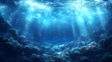 Blue ocean with sunlight shining through the water. The sunlight is reflected on the water and the sky