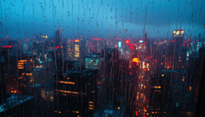 Fototapeta premium mesmerizing cityscape through rain-speckled window at dusk