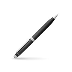 3D detailed classic ballpoint pen isolated on white. Render black pen with button. Office and school equipment, stationery. Vector illustration