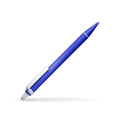 3D detailed classic ballpoint pen isolated on white. Render blue pen with button. Office and school equipment, stationery. Vector illustration