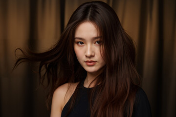 Fototapeta premium Close-up portrait of a young woman with flowing brown hair.