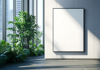 Modern outdoor advertising mock-up with one empty poster frame on a white wall, surrounded by lush greenery and soft natural lighting in a contemporary setting