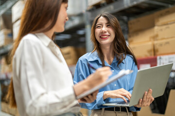 Female engineers team discussing inventory in warehouse logistics and supply chain planning, operation management, data analysis, warehouse shipping, inventory tracking, optimization and technology
