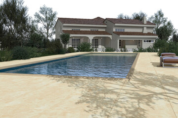 3D Render of Elegant Outdoor Swimming Pool Surrounded by Lush Landscaping and Modern Two-Story Home