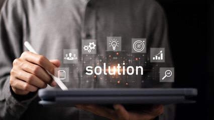 Businessman holding a puzzle piece to find business solution ,Connecting success and problem...