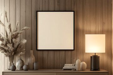 Cozy home interior with one empty poster mock-up frame on a wooden wall, stylish shelf decor with lamp, dried plants, and neutral tones creating a warm ambiance