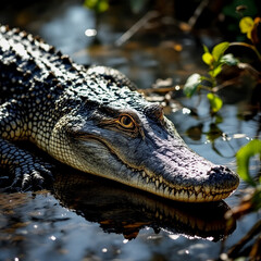 Fototapeta premium Partially Submerged Crocodile in Dark Water