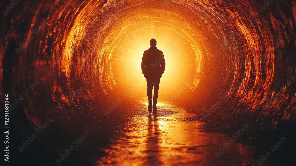 Poster silhouette walking through a dark tunnel towards brilliant sunrise, illuminated path creating a surr