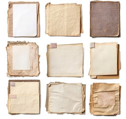 A collection of various blank note papers isolated on a white background, with different sizes and textures.