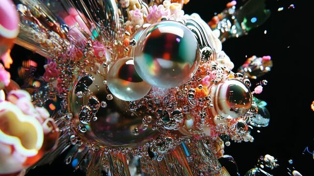 Colorful abstract bubbles and flowers create a vibrant underwater scene with intricate details and sparkling light effects