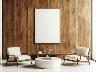 Contemporary living space with one empty poster mock-up frame on wooden wall, cozy lounge area with modern armchairs and coffee table, minimalist interior design with warm tones