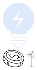 Lightbulb with lightning bolt, coin with dollar sign, and wind turbine representing renewable energy, economic efficiency, and sustainable solutions. Ideal for sustainability, energy conservation