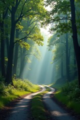 Naklejka premium Misty spring morning, winding country road cuts through dense forest , journey, sunlight