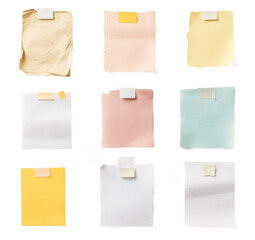 A collection of various blank paper notes isolated on a white background, with different sizes and textures. The papers have pins stuck to them for adding text or images.