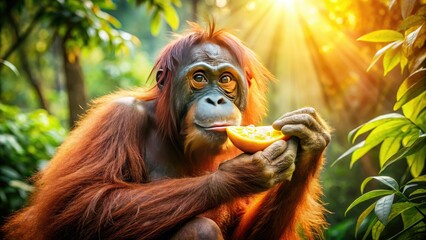 Obraz premium A Bornean orangutan, immersed in its jungle habitat, savors a juicy rainforest fruit.