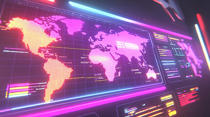 Pixelated World Map with Neon Lights Digital Interface
