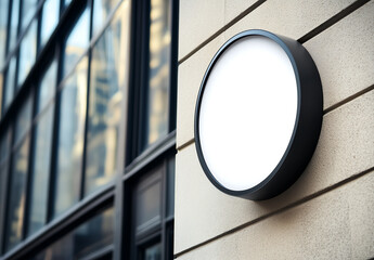 Round blank signage mockup mounted on a modern building exterior, ideal for branding, business signage, and advertising