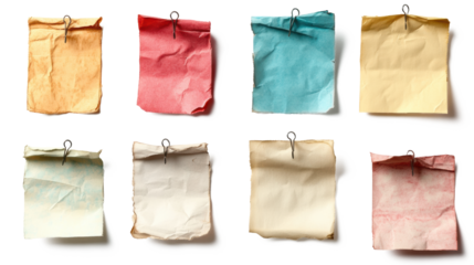 A collection of various blank paper notes isolated on a white background, with different sizes and textures. The papers have pins stuck to them for adding text or images.