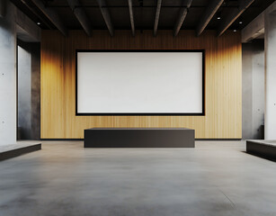 Large empty projector screen mockup in a spacious conference hall with wooden paneling, ideal for business presentations and events