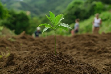 Green seedling emerges from rich soil, symbolizing growth and re